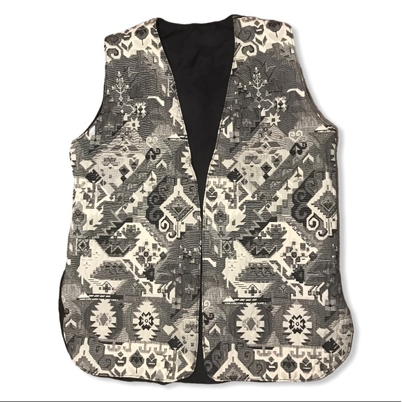 Vintage Black and White Open Front Lightweight Quilted Patchwork Print Vest - Picture 2 of 9
